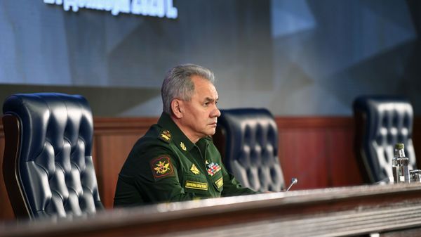 21 декабря 2020. Министр обороны РФ Сергей Шойгу во время выступления президента РФ Владимира Путина на расширенном заседании коллегии министерства обороны РФ в Национальном центре управления обороной