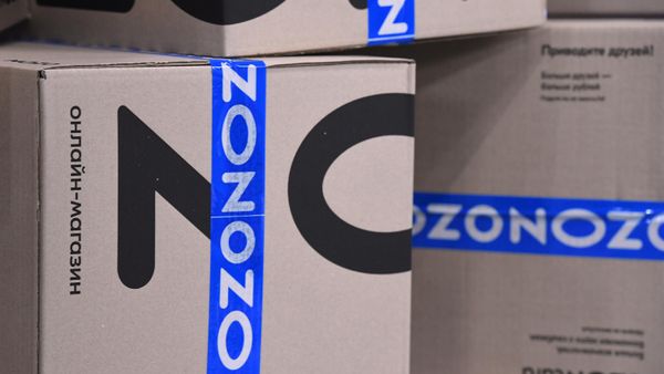 Коробки с товарами на складе логистического центра Ozon