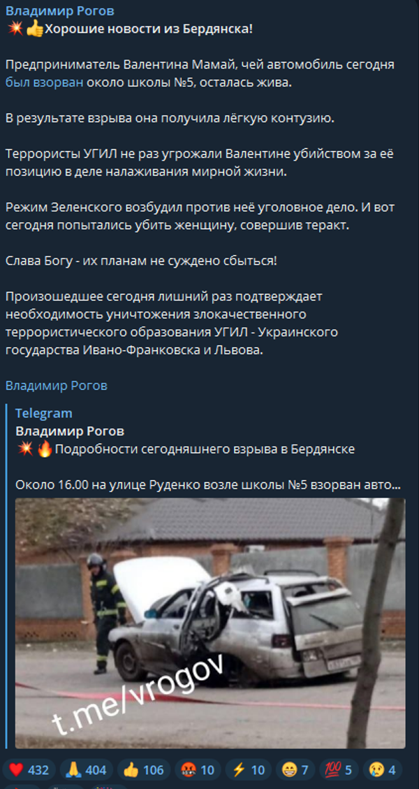 Пост члена главного совета администрации Запорожской области Владимира Рогова в Telegram