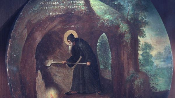 Икона Преподобный Антоний Печерский копает пещеру, Киево-Печерская лавра, Киев