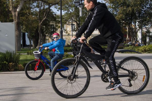 Отец и ребенок на велосипедах Отец и ребенок на велосипедах