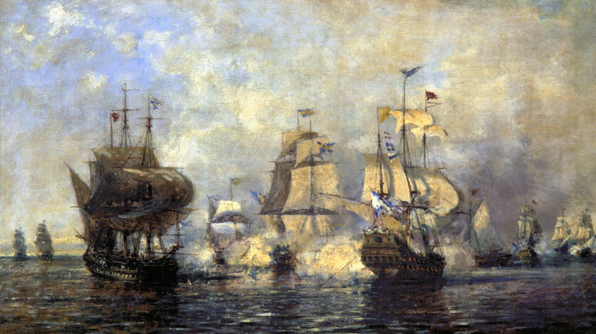 А. Боголюбов (1824-1896). Первое сражение русского корабельного флота под командой Н.А. Сенявина около острова Эзель со шведским флотом. Репродукция эскиза 1866 г. Саратовский художественный музей им. А.Н. Радищева. - РИА Новости, 1920, 22.05.2025