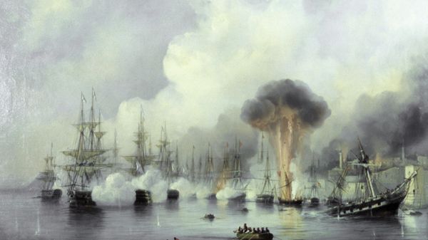 Репродукция картины Синопское сражение (1853 г.) работы художника Алексея Боголюбова