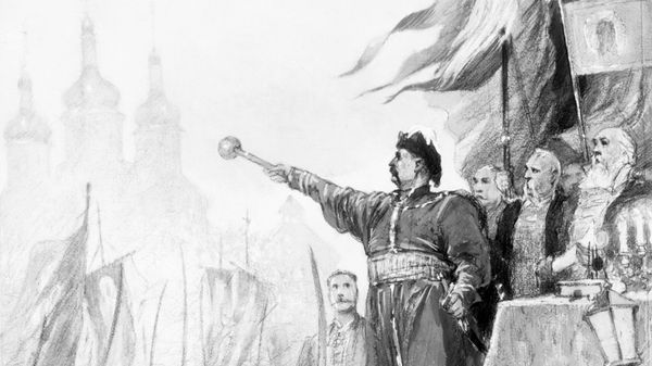Иллюстрация заслуженного деятеля искусств УССР Михаила Дерегуса к юбилейному изданию книги Натана Рыбака Переяславская Рада. Репродукция.