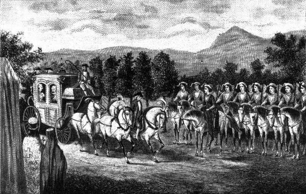 Амазонская рота встречает Екатерину Великую в Крыму. Литография из исторического журнала середины XIX века