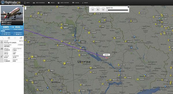 Данные Flightradar24 о том, где находился Boeing 777 компании Malaysia Airlines перед тем, как пропасть с радаров