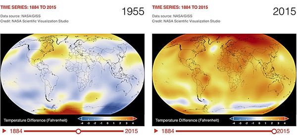Иллюстрация изменения глобальной температуры планеты. 1955 и 2015 годы