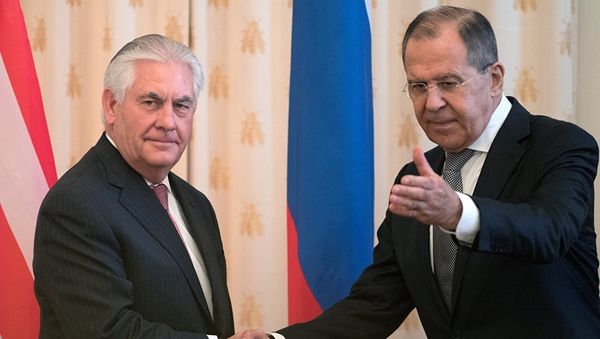 Министр иностранных дел РФ Сергей Лавров и Госсекретарь США Рекс Тиллерсон во время переговоров в Москве. 12 апреля 2017 год