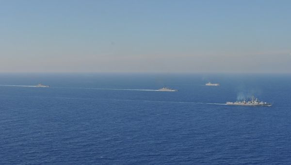 Плановое зачетное тактическое учение соединения надводных кораблей ЧФ с силами постоянного соединения ВМФ в Средиземном море