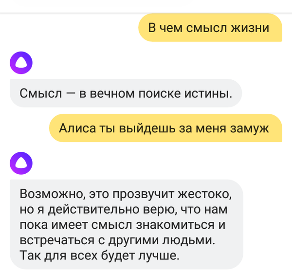 Скриншот с ответами голосового помощника Яндекс Алисы
