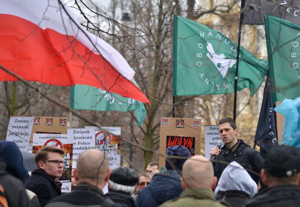 Участники митинга против возросшего числа украинских мигрантов в Варшаве