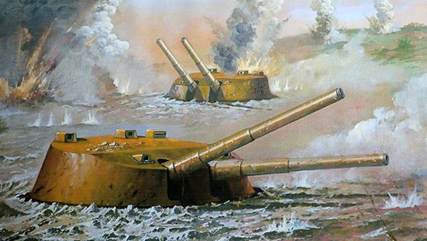 Картина с изображением башен 30-й бронебашенной береговой батареи в Севастополе