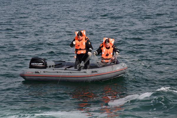 Пограничники достают из моря браконьерские сети