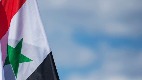 Флаги Сирии и России (справа налево) на церемонии высадки представителями сирийской провинции Латакия и представителями республики Крым в честь российско-сирийской дружбы аллеи оливковых деревьев в Никитском ботаническом саду Крыма