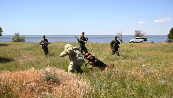 Тренировка по задержанию нарушителя крымскими пограничниками на заставе в северном Крыму