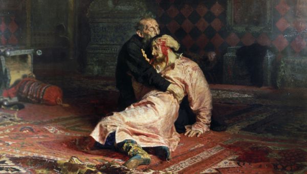 Репродукция картины Иван Грозный и его сын Иван работы художника Ильи Репина из фонда Государственной Третьяковской галереи.