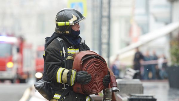Сотрудник пожарной охраны МЧС РФ во время пожара. Архивное фото