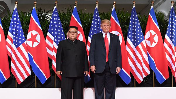 Президент США Дональд Трамп и лидер КНДР Ким Чен Ын во время встречи в Сингапуре. 12 июня 2018 Президент США Дональд Трамп и лидер КНДР Ким Чен Ын во время встречи в Сингапуре. 12 июня 2018