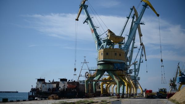 Погрузка зерна на корабль в порту Севастополя для отправки в Сирию