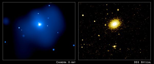 Слева — гало темной материи в галактике NGC 4555