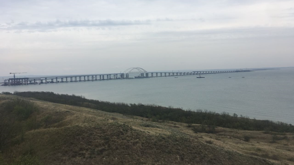 Корабль Донбасс и буксир Корец ВМСУ в сопровождении катеров Погранслужбы ФСБ России проходят Крымский мост