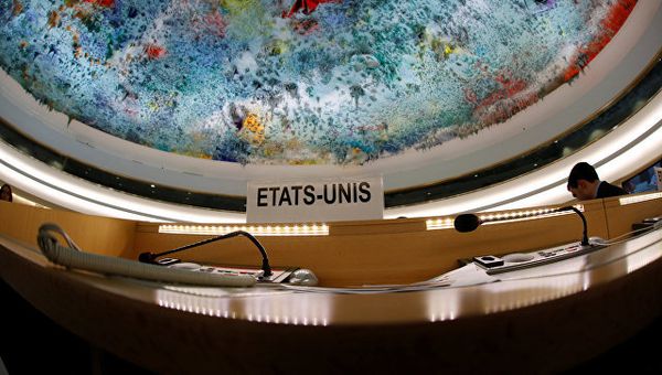 Пустые места делегации США на сессии Совета по правам человека при ООН в Женеве. Архивное фото