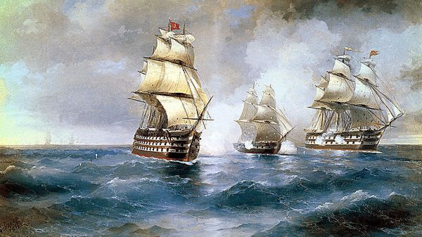 Картина Ивана Айвазовского Бриг Меркурий, атакованный двумя турецкими кораблями (1892 год)