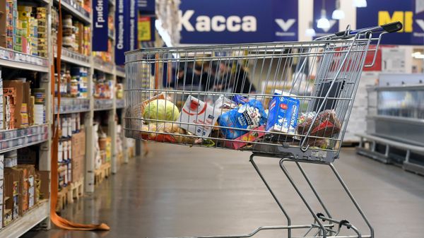 Тележка с продуктами в магазине 