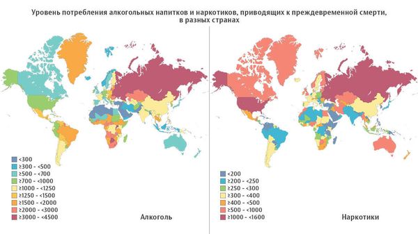 Уровень потребления алкогольных напитков и наркотиков в разных странах мира (в пересчете на сто тысяч населения) Уровень потребления алкогольных напитков и наркотиков в разных странах мира (в пересчете на сто тысяч населения)