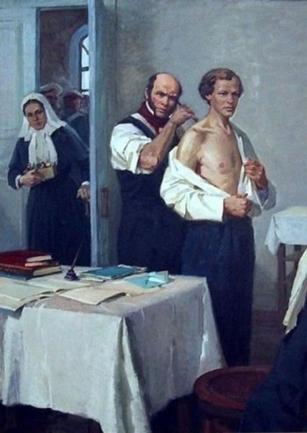 Н.И. Пирогов осматривает больного Д.И. Менделеева, Иван Тихий, 1964 год