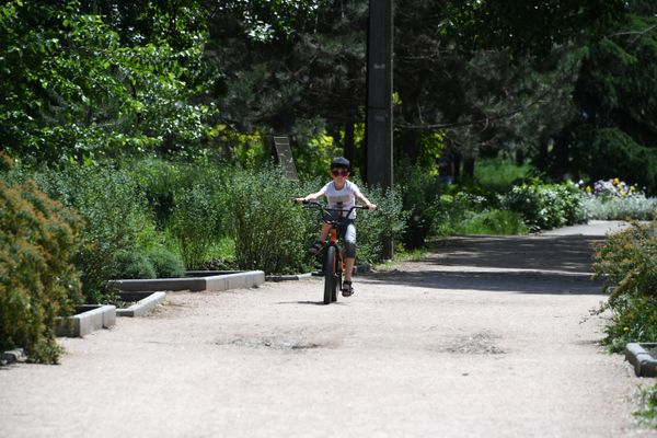 Ребенок катается на велосипеде в Ботаническом саду в Симферополе