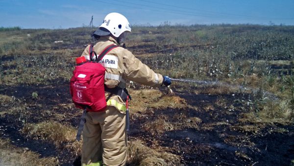 Спасатель во время тушения сухой растительности в селе Партизаны Кировского района Крыма