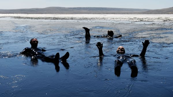 Отдыхающие принимают грязевые ванны на Чокракском озере в Крыму.