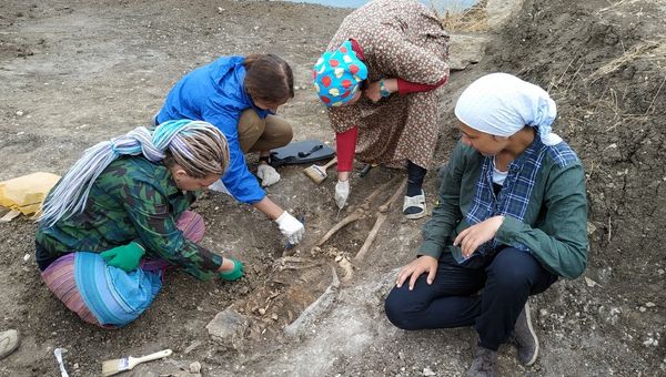 Археологи во время раскопок на некрополе Кыз-Аул в поселке Яковенково на Керченском полуострове