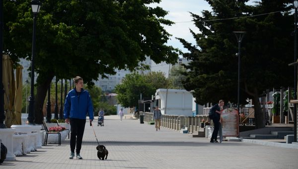Мальчик гуляет с собакой на набережной в Севастополе. Пляж Омега